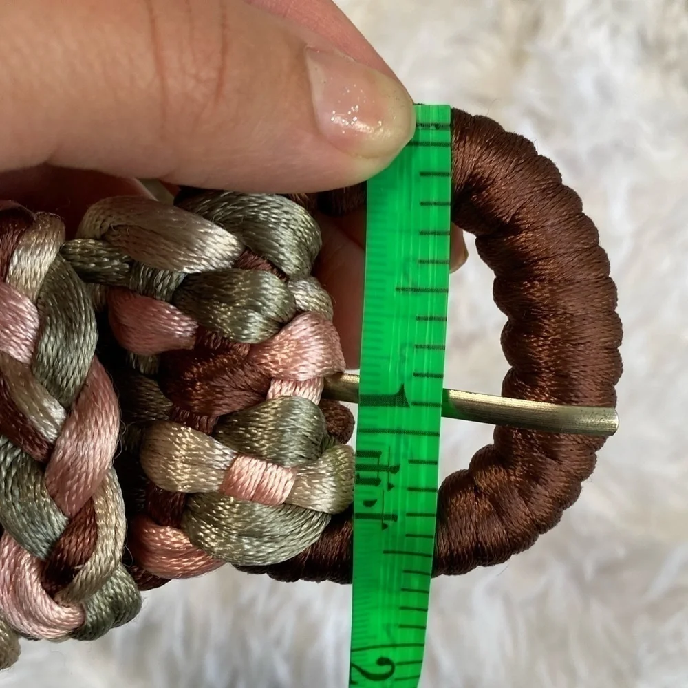 Pink, brown and green braided large buckle braided belt